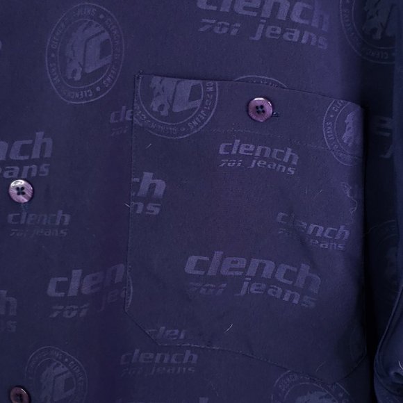 Vtg Clench Jeans 701 Men's XL Navy Blue Spellout Logo Button Up Shirt Y2K - Picture 5 of 9
